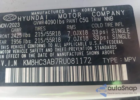 2024 Hyundai Kona Sel z USA, uszkodzony, nr VIN KM8HC3AB7RU081172